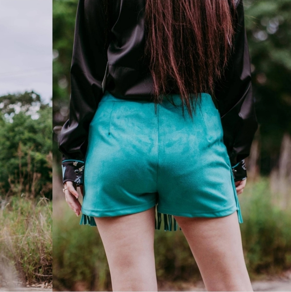 Turquoise Faux Suede Fringe Mini Skort - Picture 3 of 5